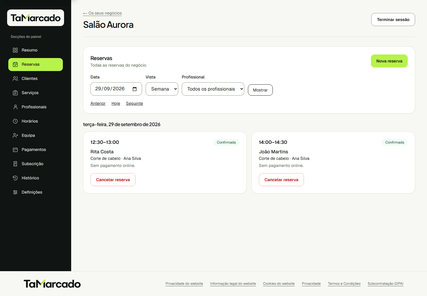 Reservas do Salão Aurora, um negócio fictício, no painel web da Tá Marcado.